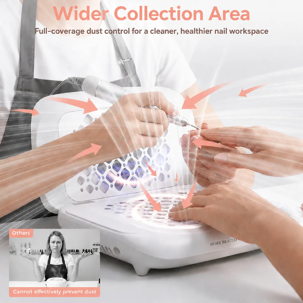 FUMECLEAR Foldable Nail Dust Collector wider collection area capturing nail dust during manicure for cleaner nail salon workspace