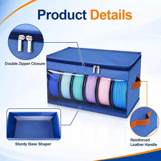 Product detail diagram highlighting double zipper closures, a sturdy bottom base shaper insert, and reinforced leather side handles on a blue filament storage box.