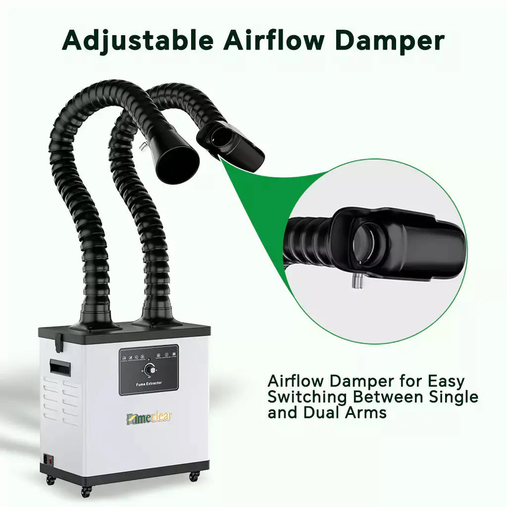 Fumeclear FC-1002A adjustable airflow damper allows easy switching between single arm and dual arm operation