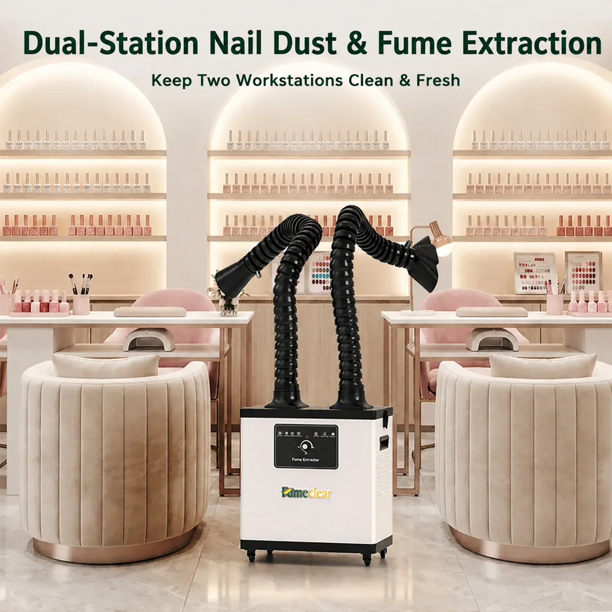 Fumeclear FC-1002A dual arm fume extractor supporting multiple nail stations in modern nail salon