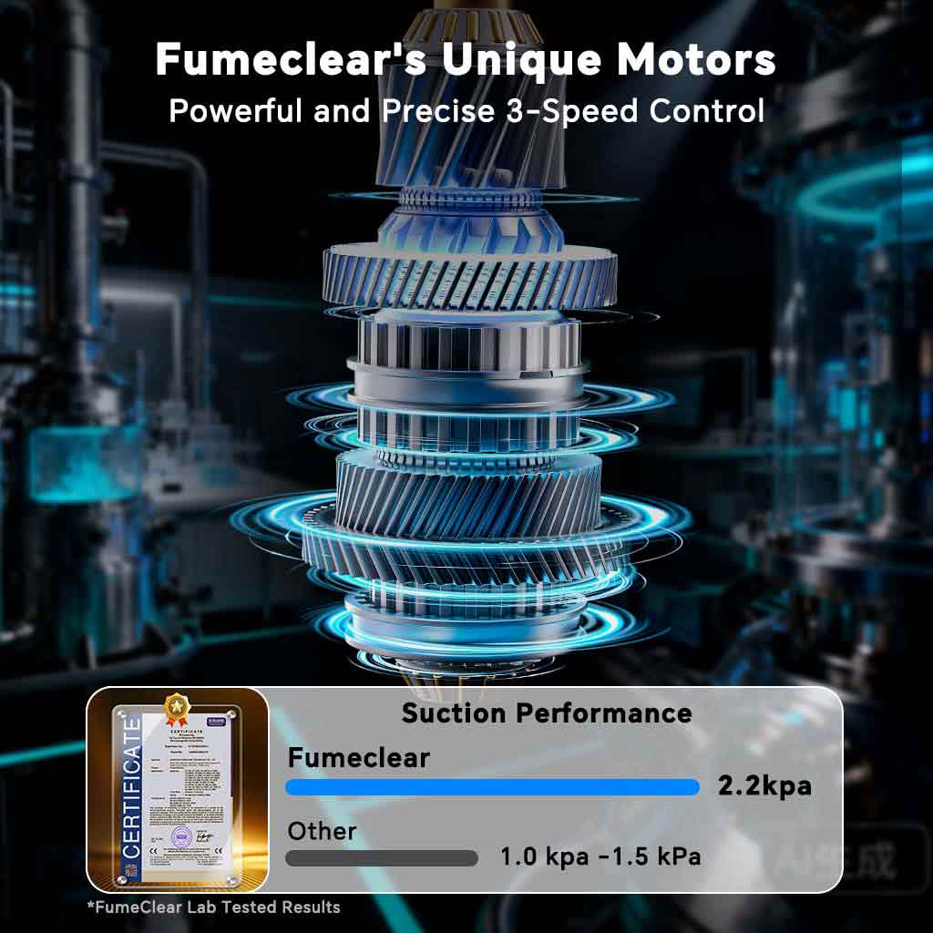 Fumeclear FC-2001X unique brushless motor with powerful 2.2kPa suction and 3-speed control for laser fume extractor