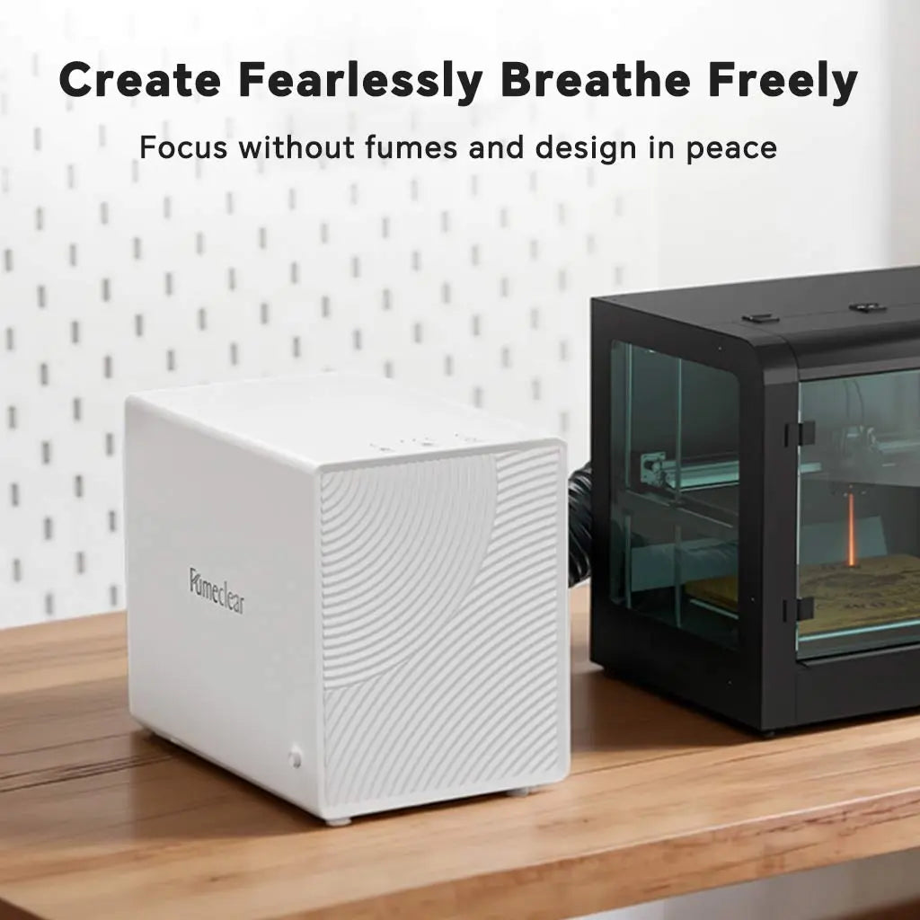 Fumeclear FC-2001X laser fume extractor enables fearless engraving and fume-free breathing with desktop laser machine