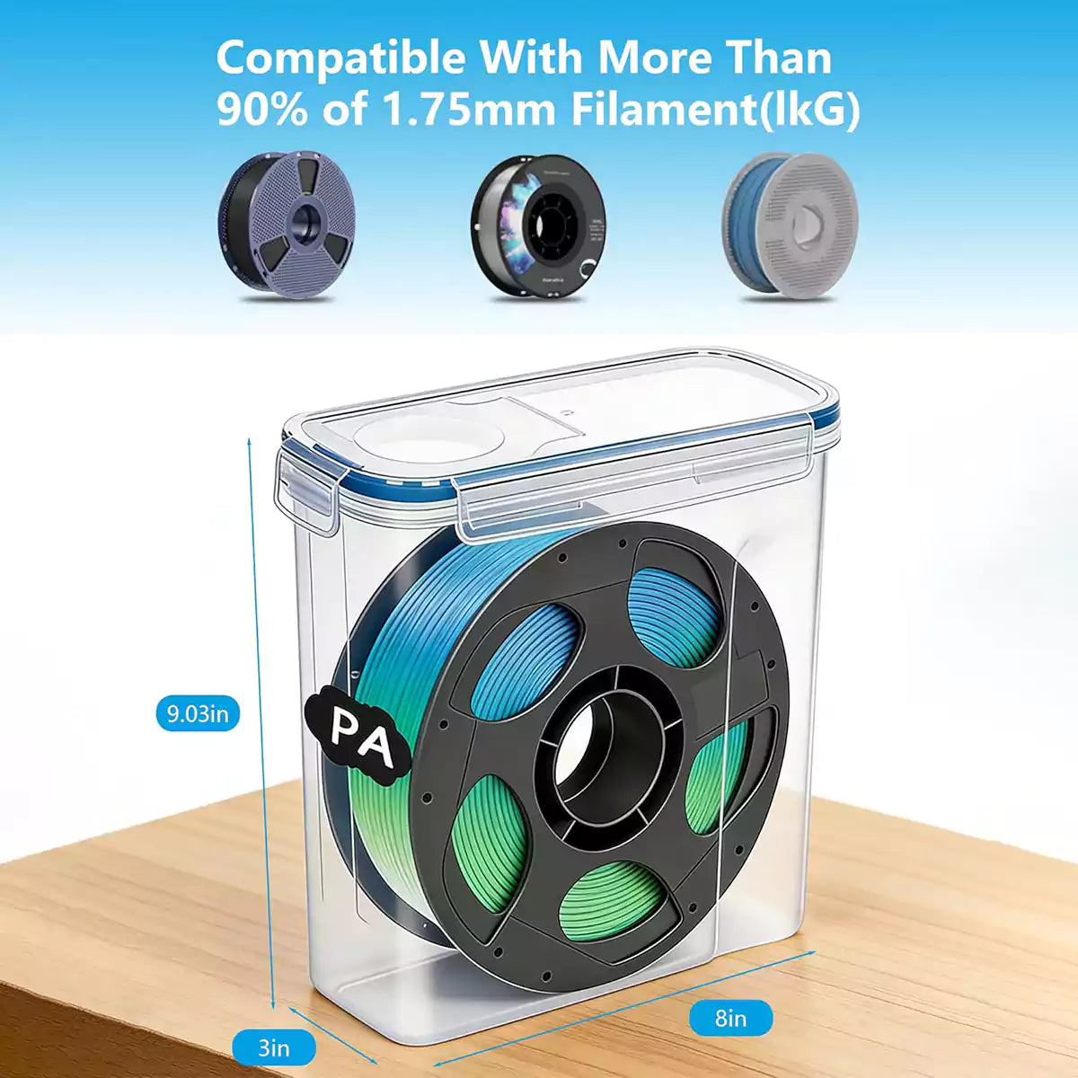fumeclear filament dryer box dimensions, compatible with 90% of 1.75mm filament spools - PLA, PETG, TPU, PA, Nylon