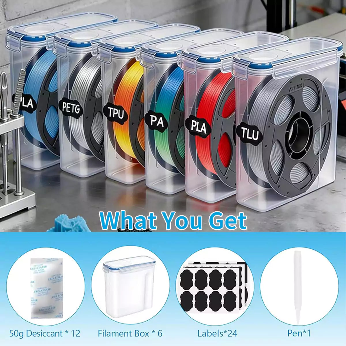 fumeclear filament dryer box set what you get: 6 dry boxes, 12 desiccant packs, 24 labels and pen