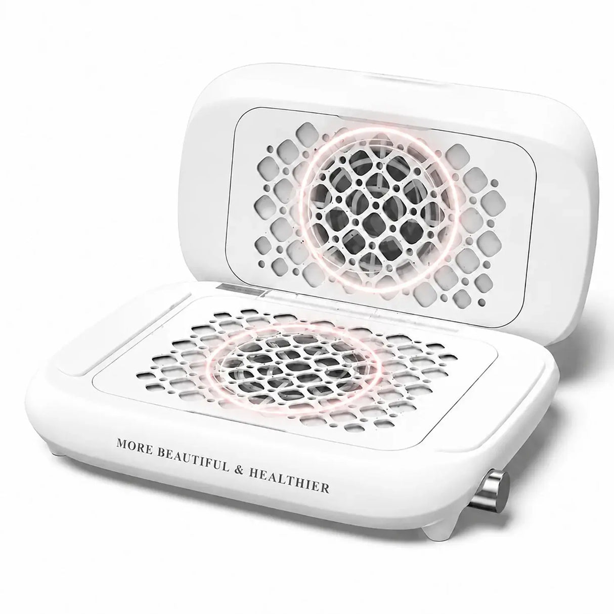 FUMECLEAR Foldable Nail Dust Collector with powerful dual fan suction and glowing airflow visualization