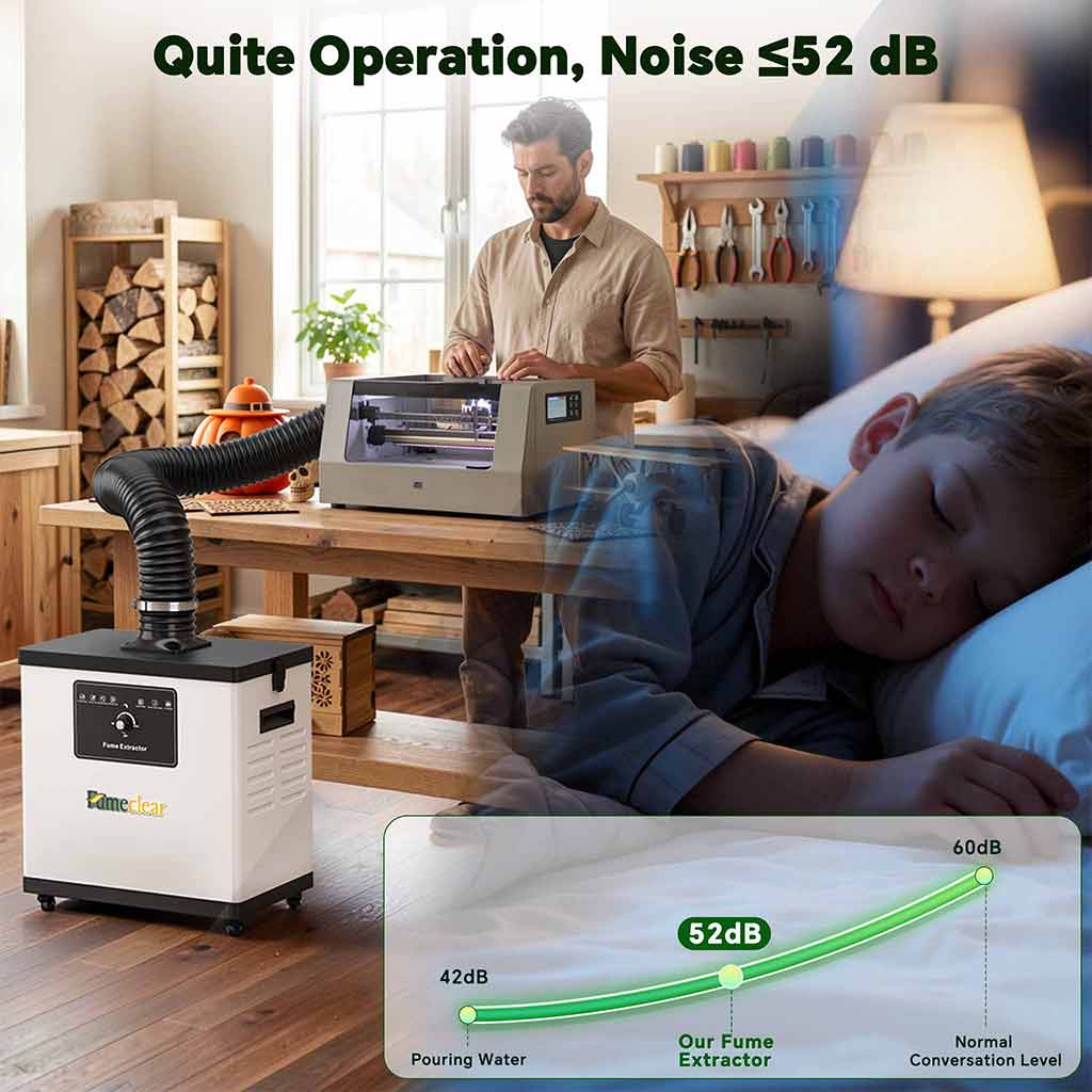 Fumeclear FC-1001A quiet fume extractor for under 30W laser engraver and soldering with noise level ≤52dB