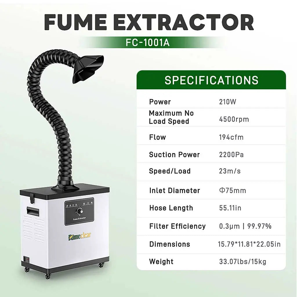 Fumeclear FC-1001A fume extractor for under 30W laser engraver and soldering specifications 194 CFM 99.97% filtration