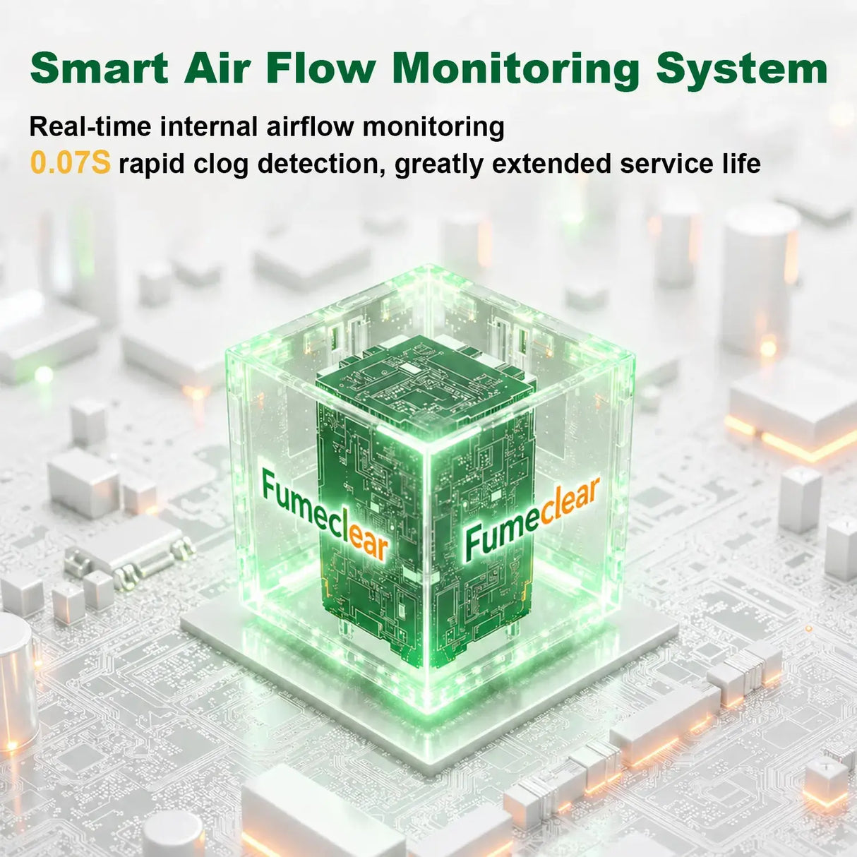 Smart Air Flow Monitoring System of FumeClear FC-100A - real-time internal airflow monitoring with 0.07S rapid clog detection for extended service life