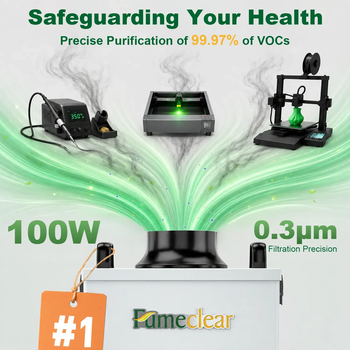 FumeClear FC-100A safeguarding your health - 100W powerful suction with 0.3μm precision filtration and 99.97% VOC removal for soldering, 3D printing and laser engraving