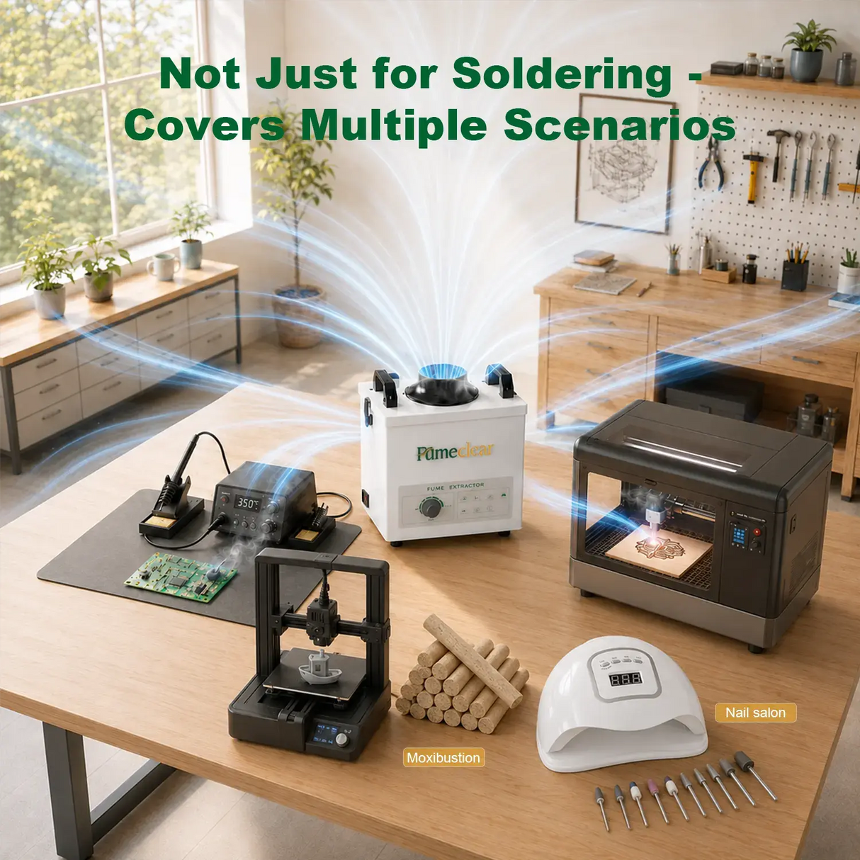 FumeClear FC-100A fume extractor used in multiple applications including soldering, 3D printing, laser engraving, moxibustion, and nail salon - powerful multi-scenario air purification