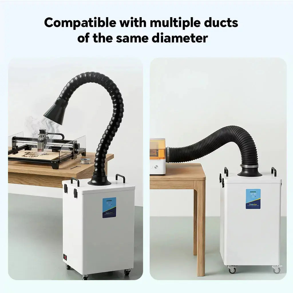 Fumeclear FC-2004 fume extractor compatible with multiple ducts of the same diameter, shown with laser engraver and another machine