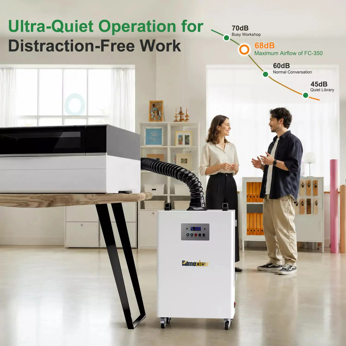FumeClear FC-350 laser fume extractor featuring ultra-quiet operation at 68dB for a distraction-free workshop environment.