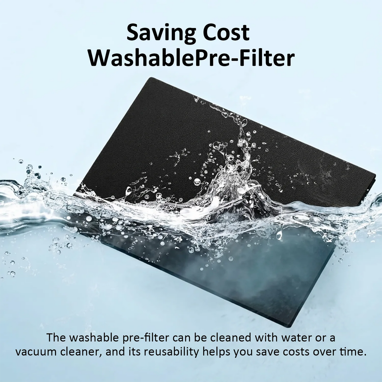FUMECLEAR FC-350 Washable Pre-Filter being washed with water, reusable and cost saving air purifier pre filter
