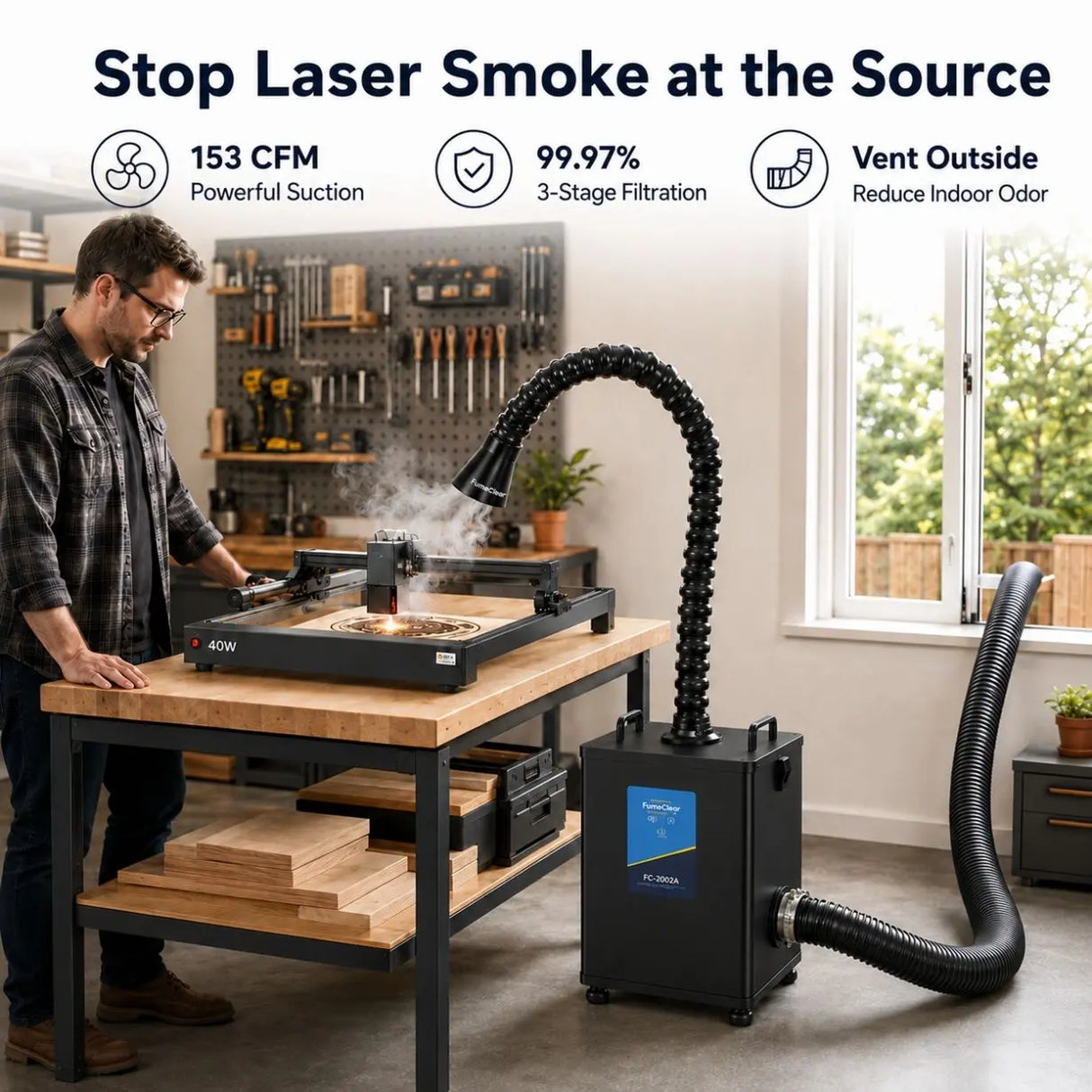 Fumeclear® Laser Fume Extractor with Exhaust for F1, S1, M1, F2, D1 Pro 10W to 40W Laser Engraver FC-2002A