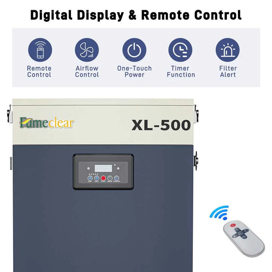 Fumeclear XL-500 industrial fume extractor with digital display, remote control, airflow control, timer function and filter alert