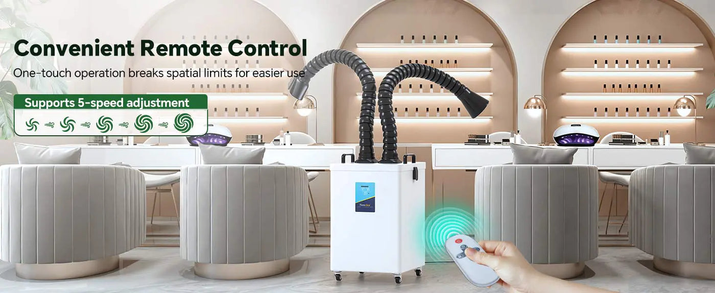 Convenient remote control for Fumeclear FC-2003 fume extractor with 5-speed adjustment in nail salon or beauty workspace
