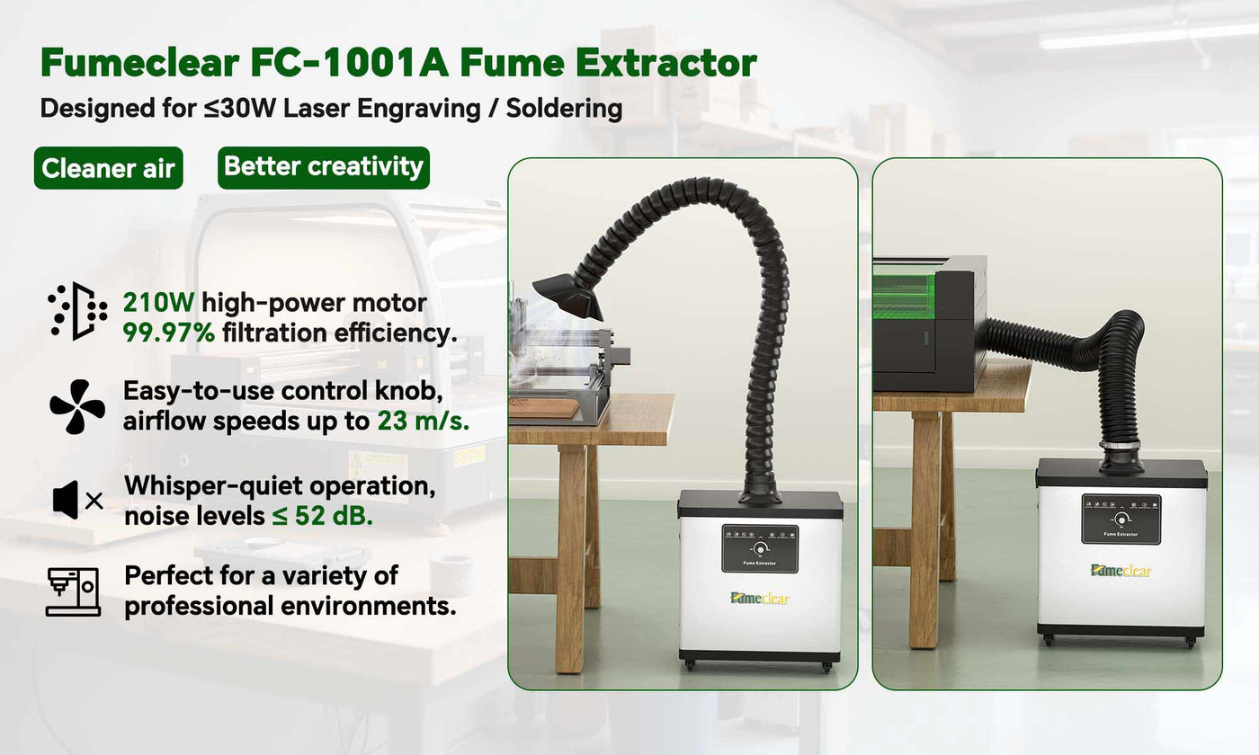 Fumeclear FC-1001A fume extractor for under 30W laser engraver and soldering with 210W motor, 99.97% filtration and quiet operation