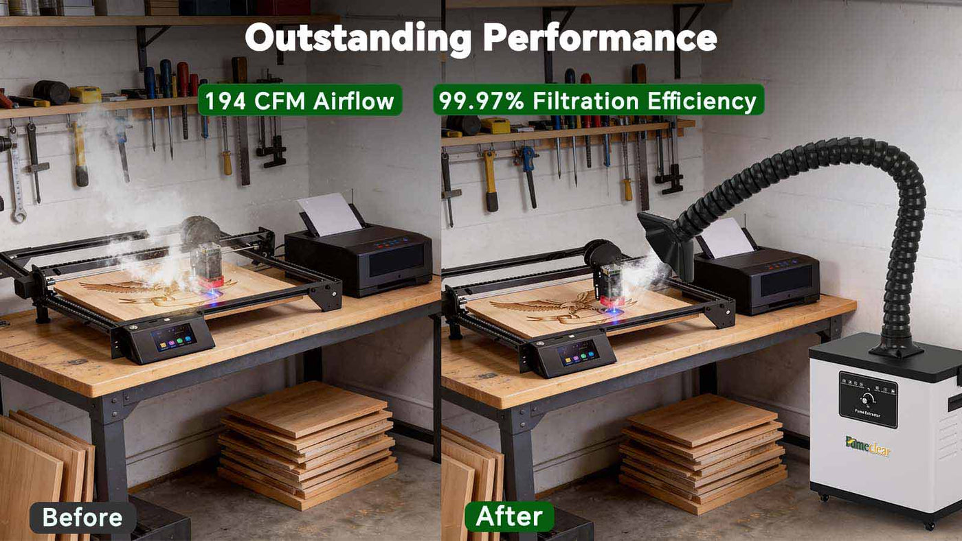 Before and after using Fumeclear FC-1001A fume extractor for under 30W laser engraver showing 194 CFM airflow and 99.97% filtration
