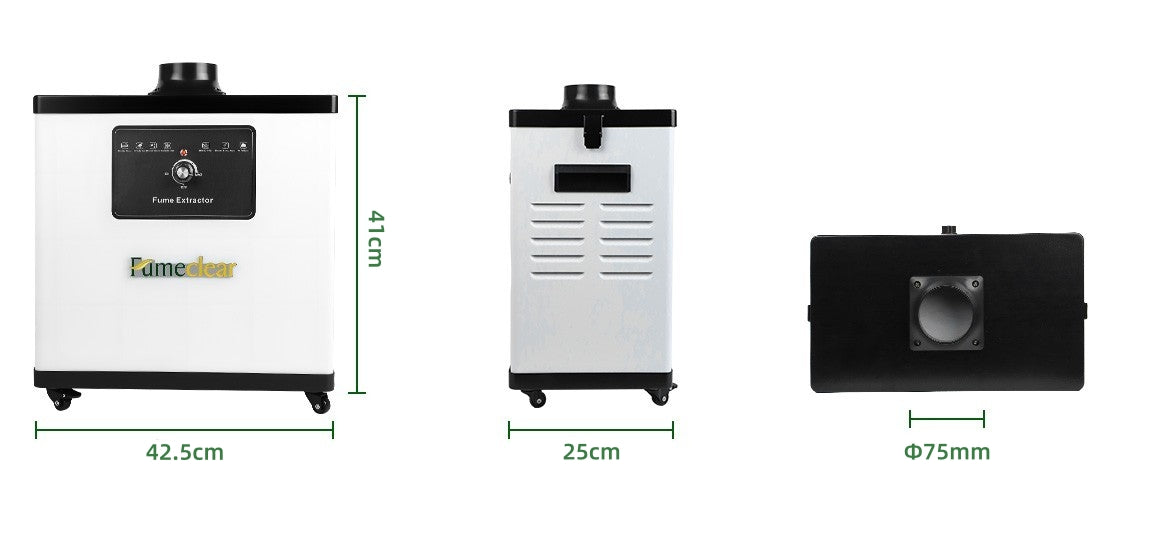 Fumeclear FC-1001A fume extractor for under 30W laser engraver and soldering product dimensions 40cm x 30cm x 56cm with 75mm inlet