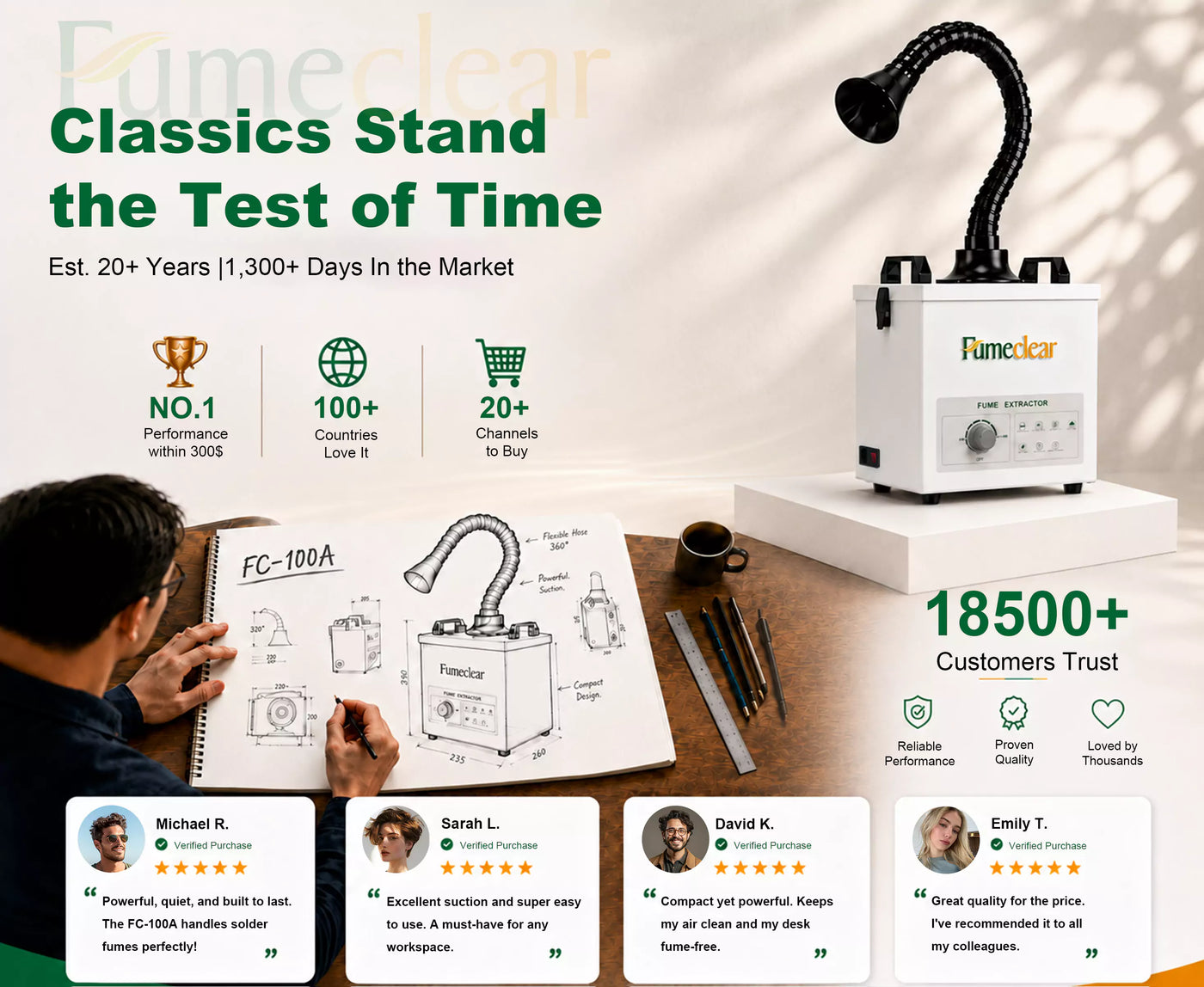 FumeClear FC-100A solder fume extractor customer testimonials and trust signals - 18,500+ satisfied customers, 20+ years in market, No.1 performance