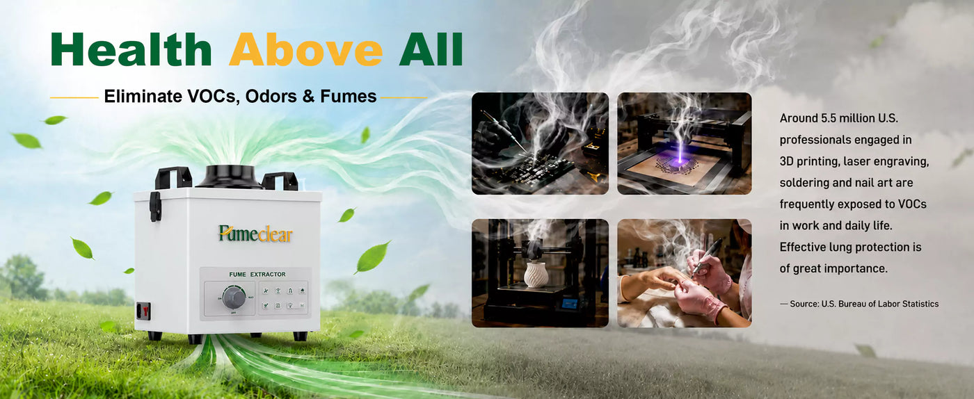 FumeClear FC-100A fume extractor protecting health by eliminating VOCs, odors and harmful fumes from soldering, 3D printing, laser engraving and nail art