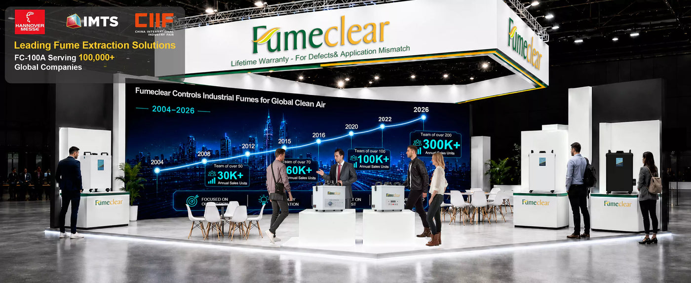 FumeClear professional exhibition booth at major industry trade shows - trusted fume extraction solution serving 100,000+ global companies