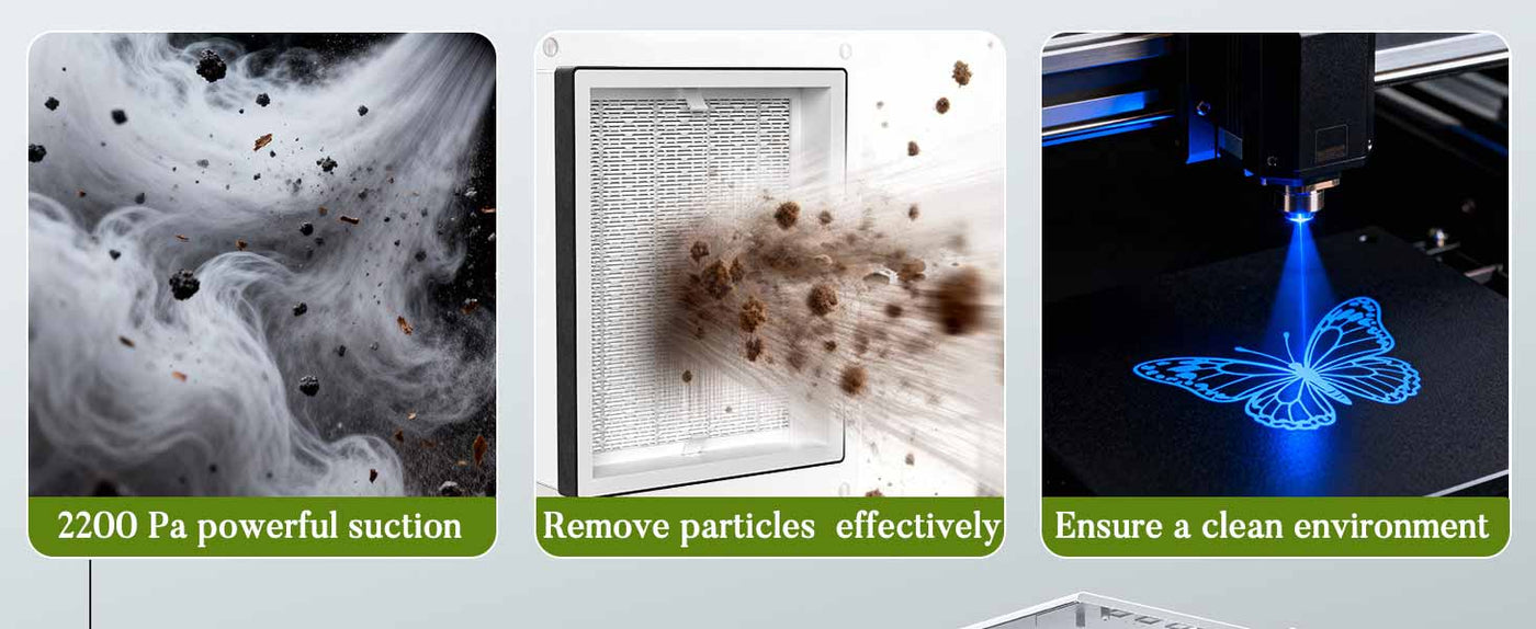 FumeClear FC-2001X laser smoke extractor with 2200Pa powerful suction effectively removes particles during laser engraving, ensuring a clean, smoke-free environment