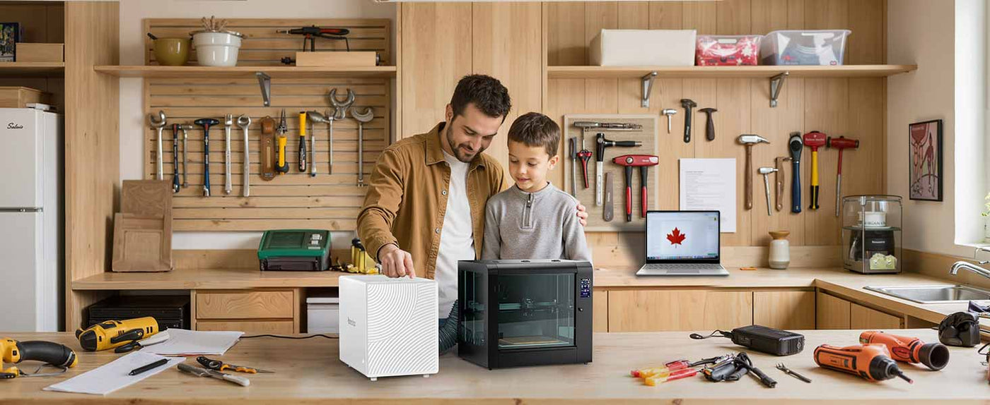 Father and child safely using FumeClear FC-2001X portable laser fume extractor with laser engraver in home workshop – perfect for family DIY projects
