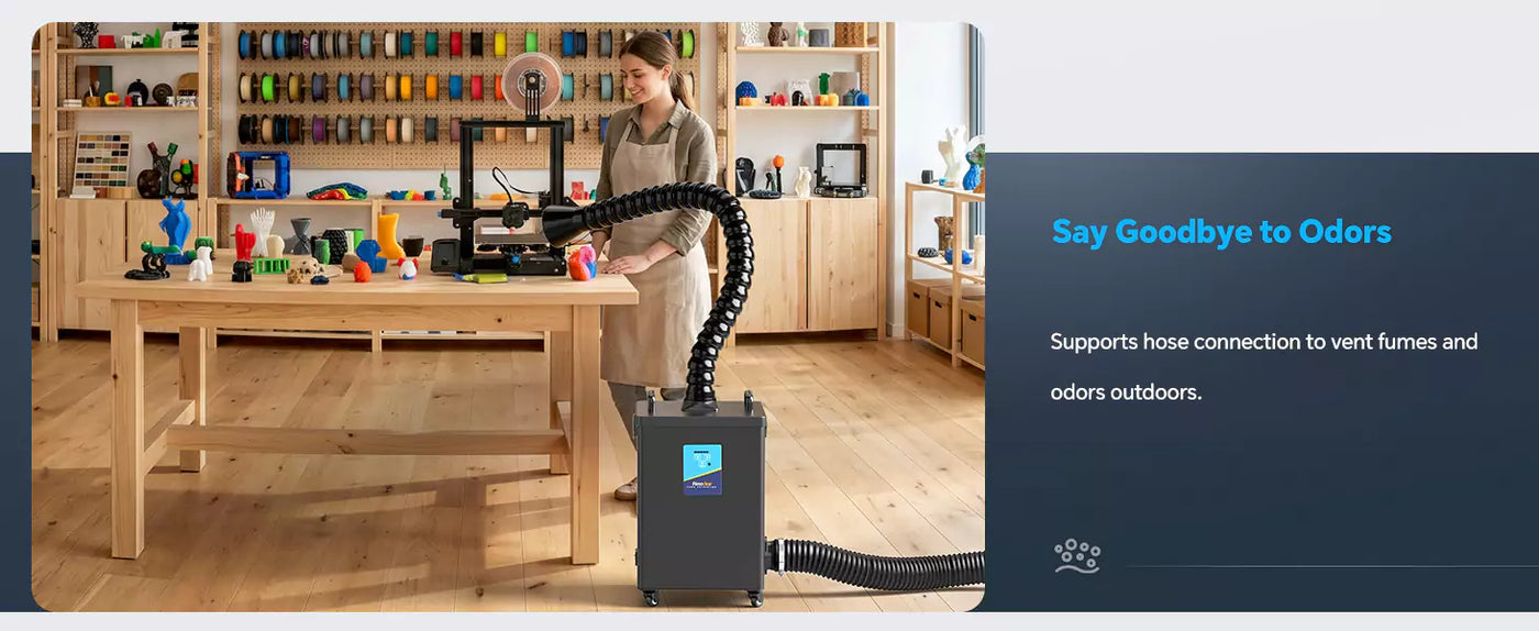 Say goodbye to odors - Fumeclear FC-2002A with 3D printer and flexible hose exhaust