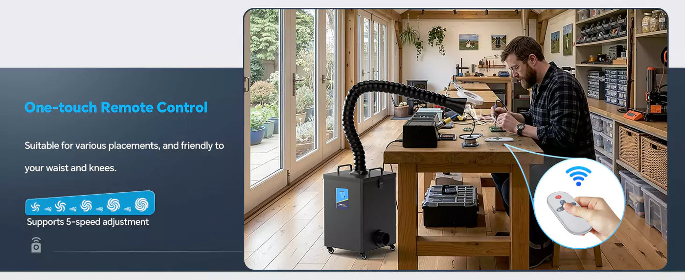 One-touch remote control 5-speed adjustment on Fumeclear FC-2002A fume extractor