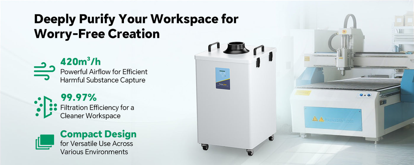 Fumeclear FC-2004 fume extractor with 420m³/h powerful airflow, 99.97% filtration efficiency and compact design for clean workspace