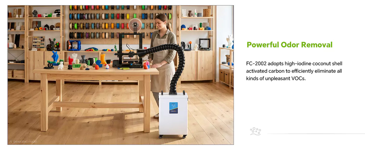 The Fumeclear FC-2002 mobile fume extractor connected to a 3D printer to efficiently eliminate harmful VOCs and odors in a maker space.