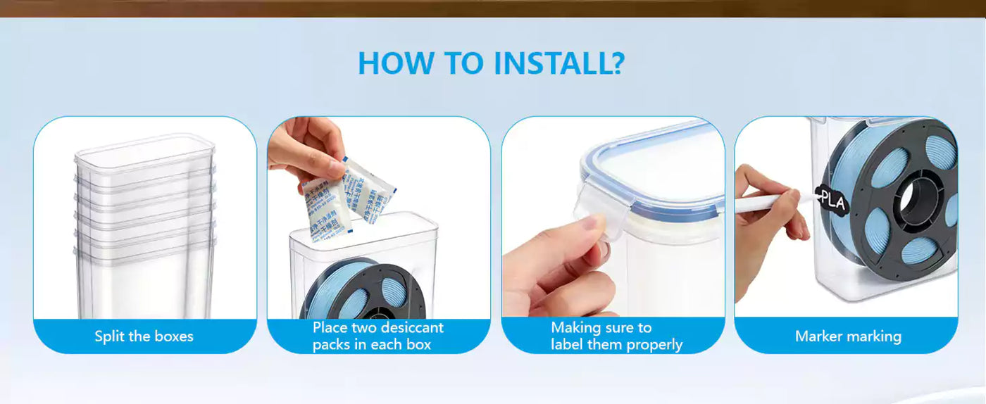 fumeclear filament dryer box installation guide: split boxes, add desiccant packs, label properly with marker for perfect filament storage