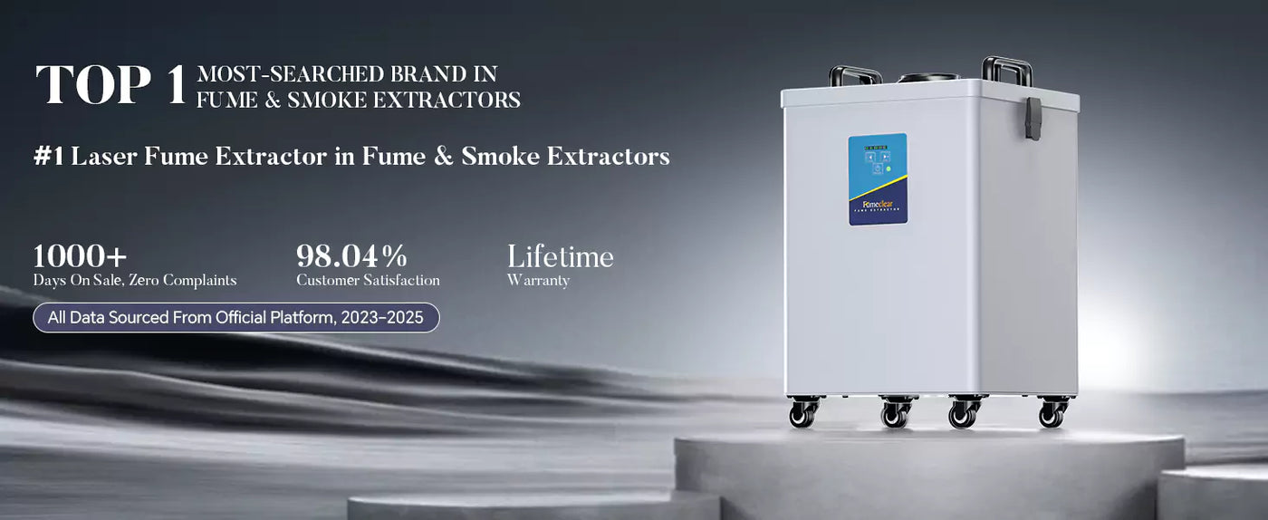 Fumeclear FC-2002 rated as the top 1 most-searched laser fume extractor brand, featuring a lifetime warranty, 98.04% customer satisfaction, and zero complaints.