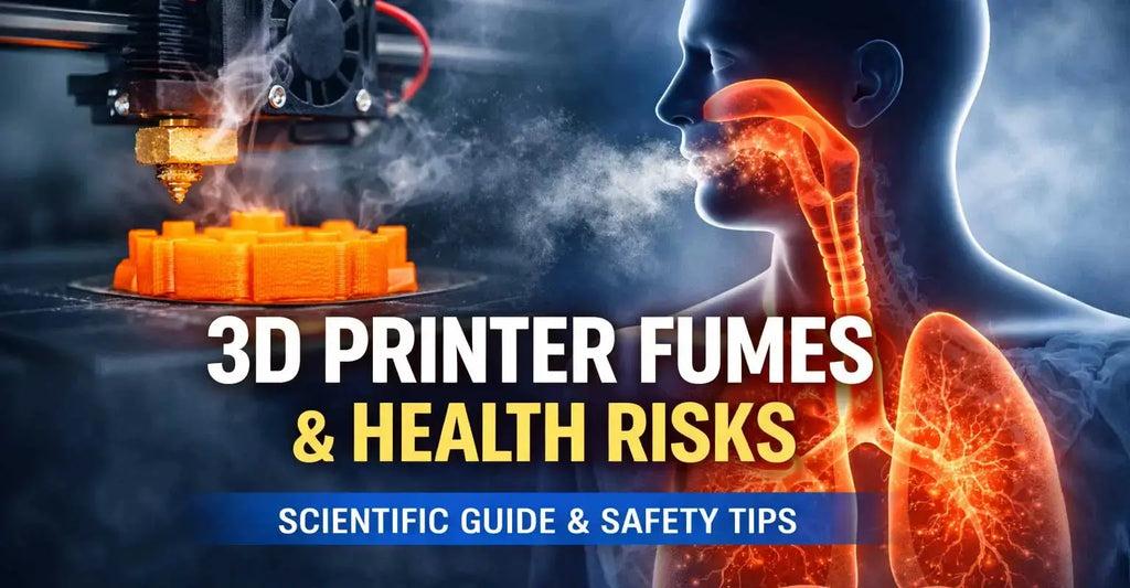 Illustration of desktop 3D printer fumes and ultrafine particles affecting human lungs, showing indoor air quality and health risks from 3D printing emissions