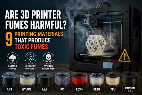 3D printing materials such as ABS, resin, and nylon producing toxic fumes and VOC emissions, highlighting air quality risks and the need for ventilation and fume extraction systems.