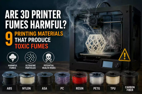 3D printing materials such as ABS, resin, and nylon producing toxic fumes and VOC emissions, highlighting air quality risks and the need for ventilation and fume extraction systems.