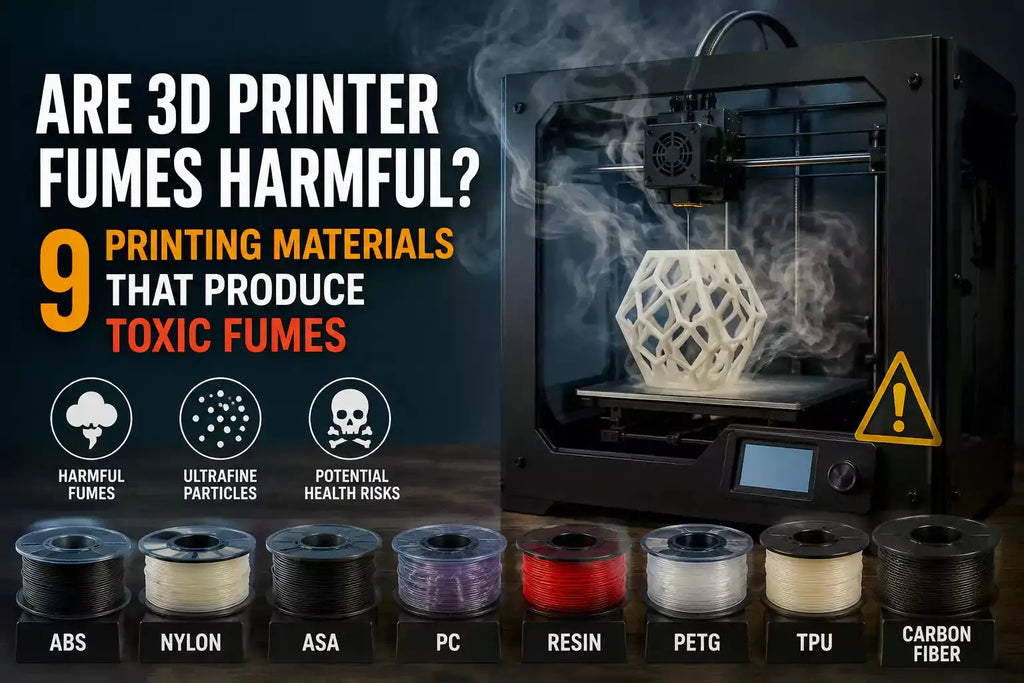 3D printing materials such as ABS, resin, and nylon producing toxic fumes and VOC emissions, highlighting air quality risks and the need for ventilation and fume extraction systems.