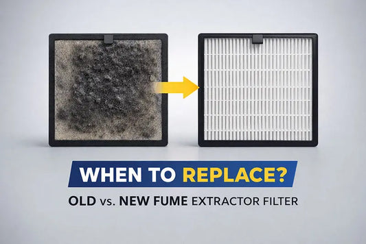 Comparison of a very dirty fume extractor filter and a clean new filter, showing when to replace the filter for optimal air purification.