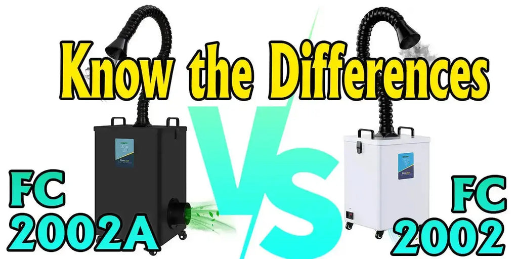 Fumeclear FC-2002 vs FC-2002A solder fume extractor comparison - 153 CFM portable smoke extractor for soldering and laser engraving