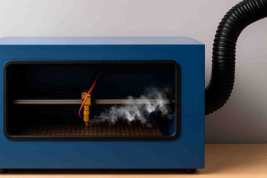 Laser fume extractor capturing smoke from a CO2 laser cutter