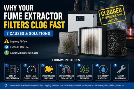 Learn why fume extractor filters clog fast in laser cutting, welding & 3D printing, and learn 7 key causes plus practical solutions to extend filter life.