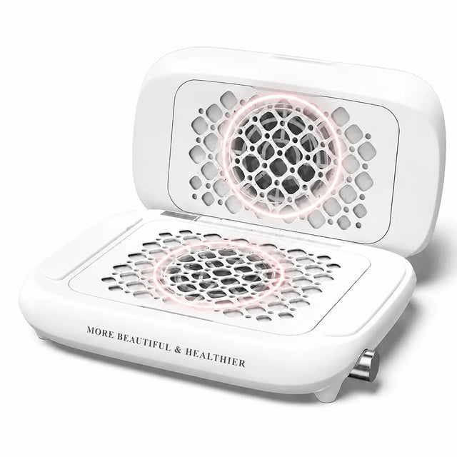 FUMECLEAR Foldable Nail Dust Collector with powerful dual fan suction and glowing airflow visualization