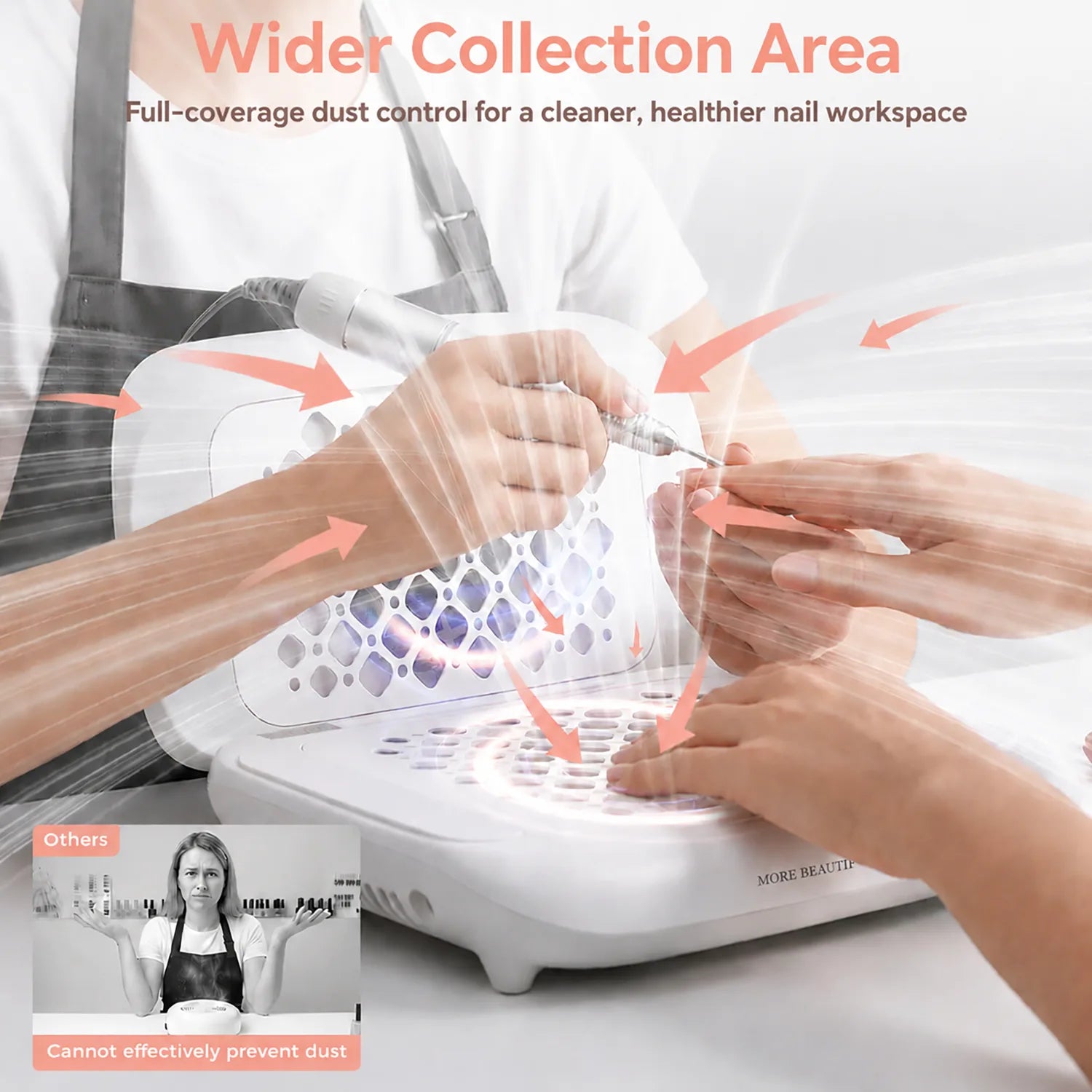 FUMECLEAR Foldable Nail Dust Collector wider collection area capturing nail dust during manicure for cleaner nail salon workspace