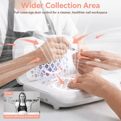 FUMECLEAR Foldable Nail Dust Collector wider collection area capturing nail dust during manicure for cleaner nail salon workspace