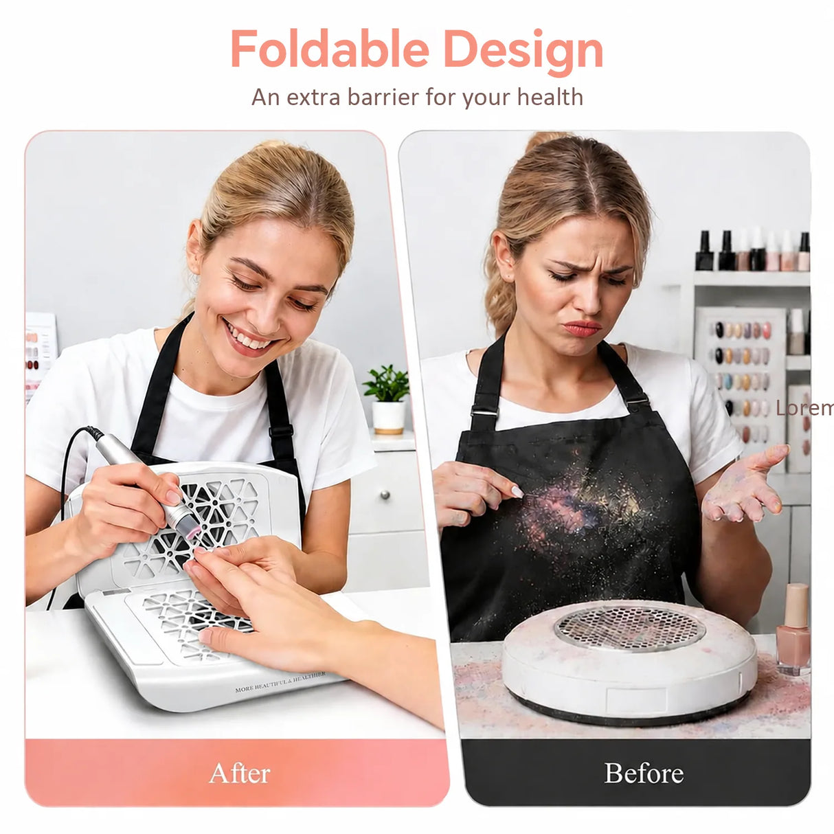 FUMECLEAR Foldable Nail Dust Collector foldable design - After clean manicure vs Before dusty messy experience