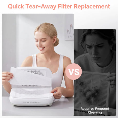 FUMECLEAR Foldable Nail Dust Collector quick tear-away filter paper replacement vs traditional hard-to-clean filters