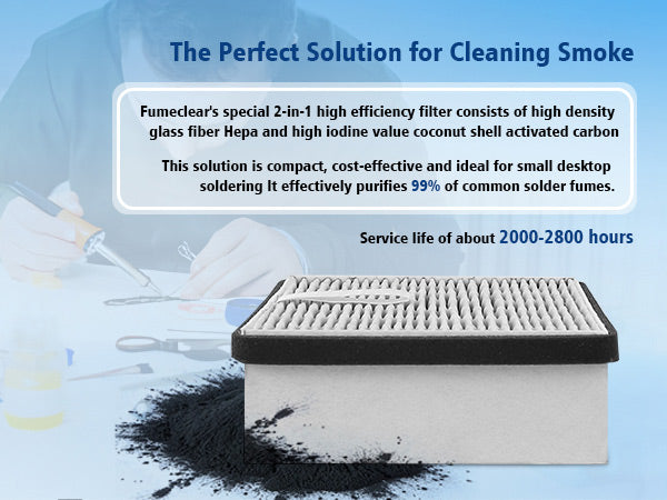 Fumeclear FC-2001A high-efficiency 2-in-1 HEPA and activated carbon filter for soldering fume extractor provides 99% purification and extended 2000-2800 hour service life compared to standard filters.