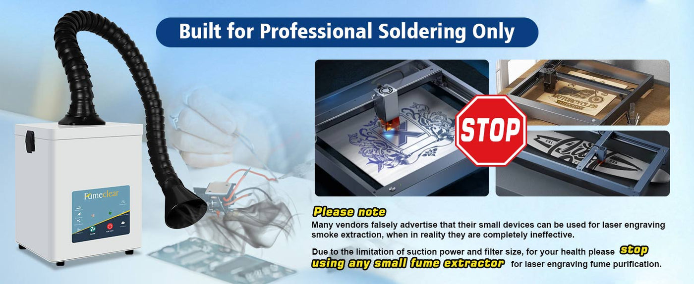 Fumeclear FC-2001A fume extractor optimized for professional desktop soldering iron work, with flexible hose and hood; not recommended for laser engraving due to suction and filter limitations.