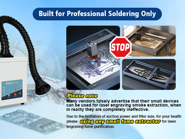 Fumeclear FC-2001A fume extractor optimized for professional desktop soldering iron work, with flexible hose and hood; not recommended for laser engraving due to suction and filter limitations.